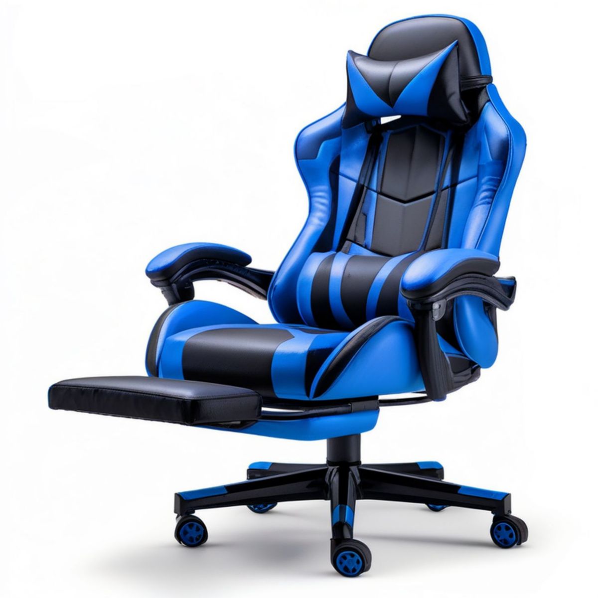 Blau-schwarzer Bürostuhl aus PU-Kunstleder mit ausziehbarer Fussstütze, 66 x 70 x 125–135 cm