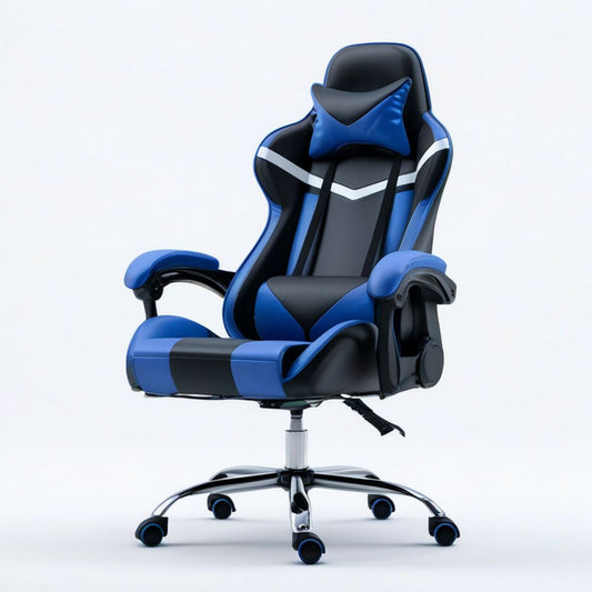 Gamingstuhl aus PU-Kunstleder Schwarz/Blau/Weiss, 66 x 66 x 118–128 cm